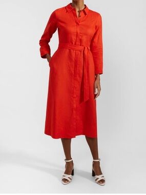 Hobbs London Preppy Linen Red Classic Minimalist Button Down Shirt Dress Size 2